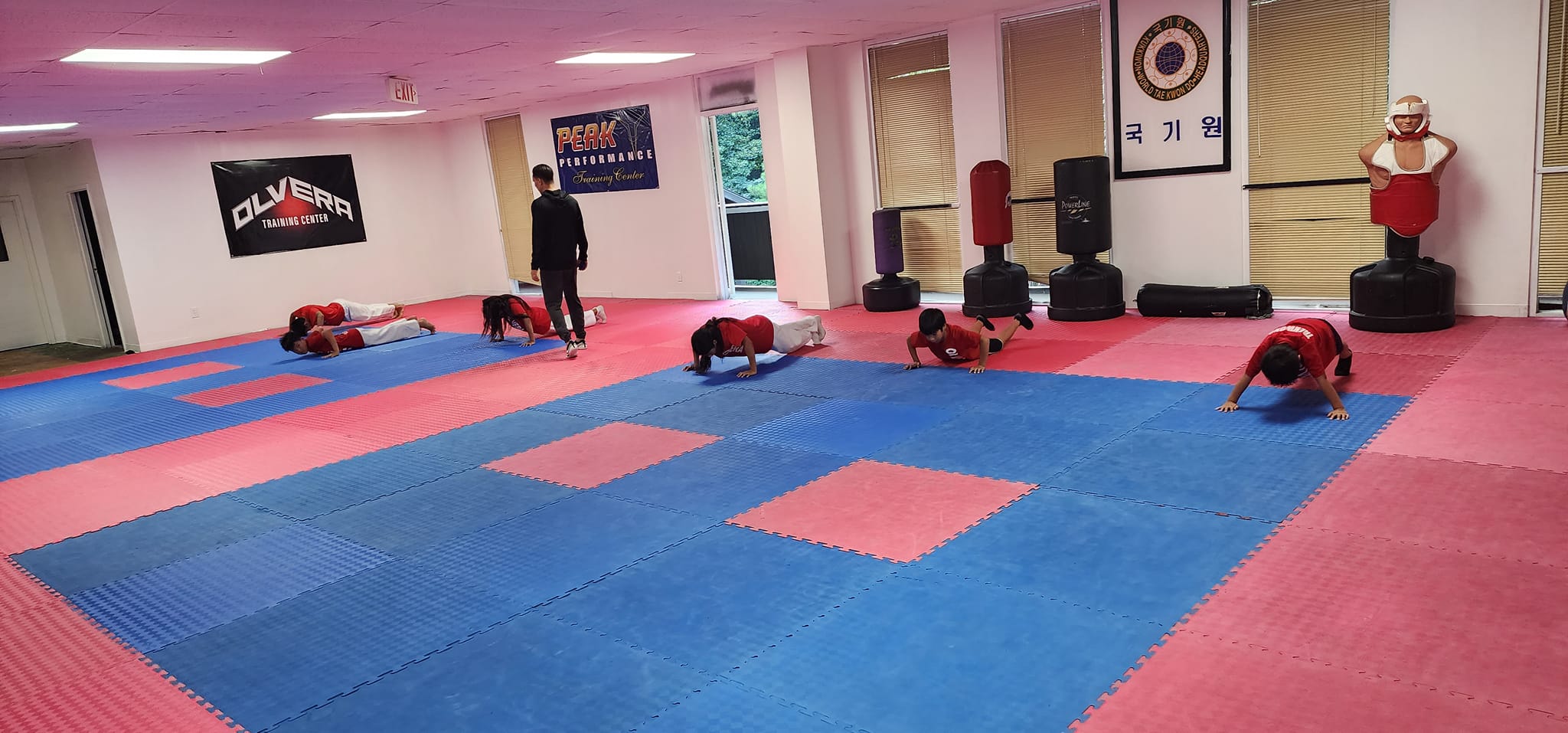 kids doing push ups at a taekwondo gym